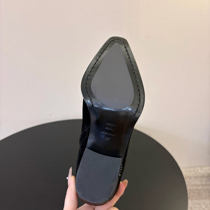 MIUMIU 26S WESTERN ANKLE BOOTS IN BLACK SUEDE