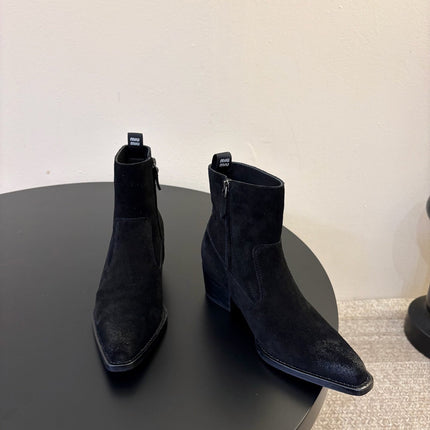 MIUMIU 26S WESTERN ANKLE BOOTS IN BLACK SUEDE