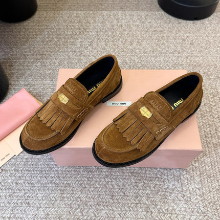 MIUMIU 26S FRINGE PENNY LOAFERS IN CAMEL BROWN SUEDE