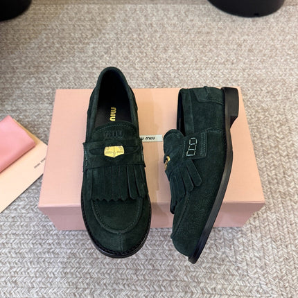 MIUMIU 26S FRINGE PENNY LOAFERS IN DARK GREEN SUEDE