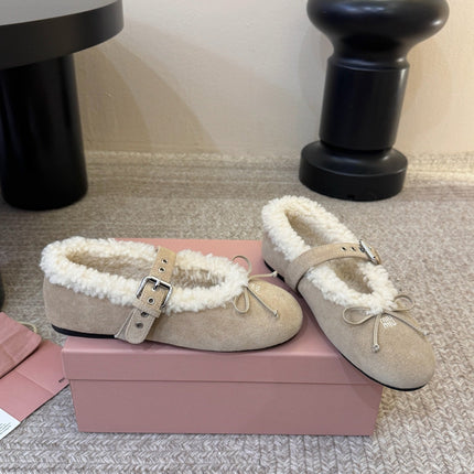 MIUMIU 26S SHEARLING-LINED MARY JANE IN BEIGE SUEDE