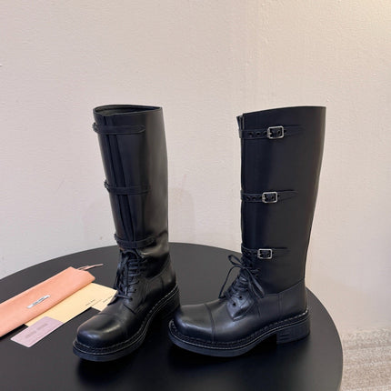 MIUMIU 26S LACE-UP KNEE-HIGH BOOTS IN BLACK CALFSKIN