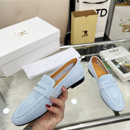 THE ROW 26S PENNY LOAFERS IN LIGHT BLUE SUEDE