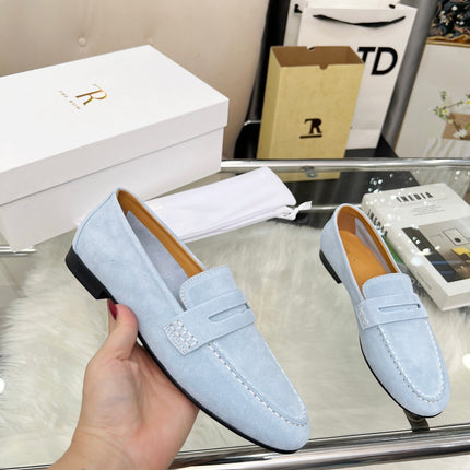 THE ROW 26S PENNY LOAFERS IN LIGHT BLUE SUEDE
