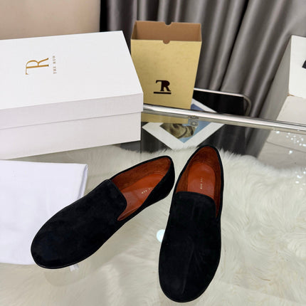 THE ROW 26S CLASSIC LOAFER FLATS IN BLACK SUEDE