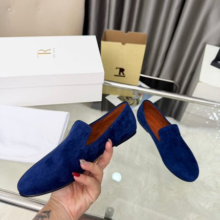 THE ROW 26S CLASSIC LOAFER FLATS IN DARK BLUE SUEDE