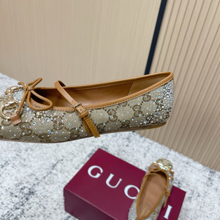 GUCCI 26S BALLET FLATS IN DARK BEIGE CANVAS WITH CRYSTALS