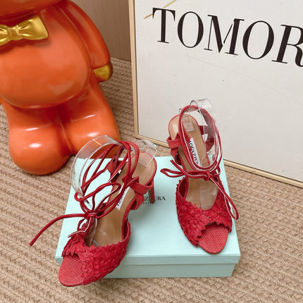 AQUAZZURA 26S LACE-UP HIGH HEEL SANDALS IN RED WOVEN RAFFIA