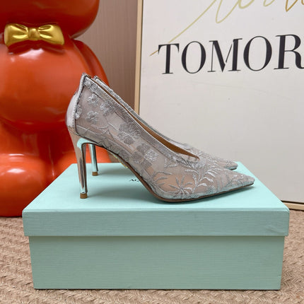 AQUAZZURA 26S HIGH HEELS IN GREY FLORAL EMBROIDERED MESH