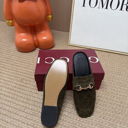 GUCCI 26S FLAT MULES IN OLIVE GREEN GG EMBOSSED SUEDE