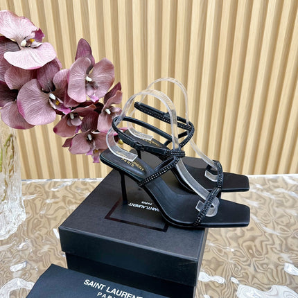 SL STRAP CRYSTAL HIGH SANDAL BLACK SATIN
