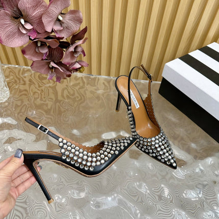 AQUAZZURA 26S SLINGBACK PUMPS 105 MM IN BLACK CALFSKIN WITH CRYSTAL