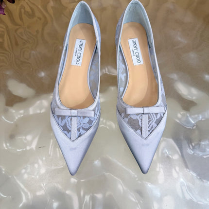 JIMMY CHOO 26S FLATS IN PASTEL BLUE LACE AND SATIN