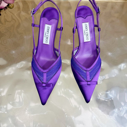 JIMMY CHOO 26S SLINGBACK HEELS 65 MM IN DARK PURPLE MESH AND SATIN