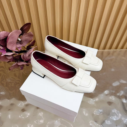THE ROW 26S SQUARE TOE PUMPS IN WHITE CALFSKIN WITH BOW