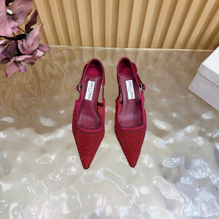 JIMMY CHOO 26S SLINGBACK HEELS 60 MM IN DARK RED MESH & CRYSTALS
