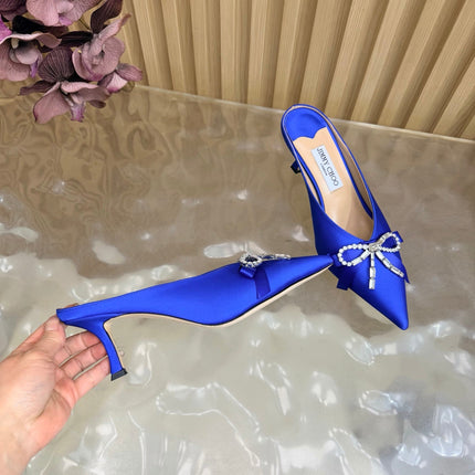 JIMMY CHOO 26S HIGH-HEELED MULES 65 MM IN NAVY BLUE SATIN WITH RHINESTONE BOW