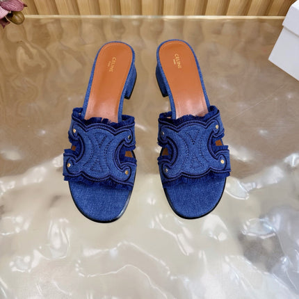 CELINE 26S TRIOMPHE BLOCK HEEL MULES IN BLUE DENIM