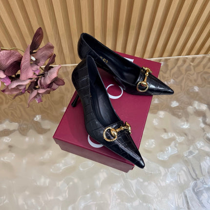 GUCCI 26S HIGH HEELS 65 MM IN BLACK CROC EMBOSSED LEATHER