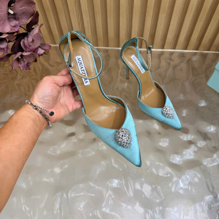 AQUAZZURA 26S POINTED-TOE HIGH HEELS 100 MM IN LIGHT BLUE SATIN
