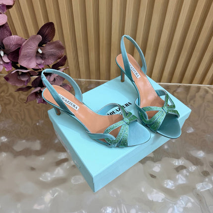 AQUAZZURA 26S HEELED SANDALS 75 MM IN AQUA BLUE SATIN