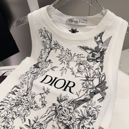 KNITTED TANK TOP 643231 IN WHITE COTTON JERSEY BLACK BIRD AND FLORAL PATTERN