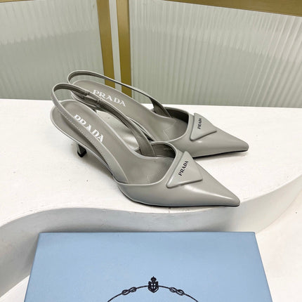 PRADA 26S SLINGBACK HIGH HEEL SANDALS 75MM IN LIGHT GRAY CALFSKIN WITH LOGO