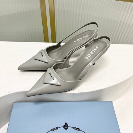 PRADA 26S SLINGBACK HIGH HEEL SANDALS 75MM IN LIGHT GRAY CALFSKIN WITH LOGO