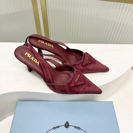 PRADA 26S SLINGBACK HIGH HEEL SANDALS 75MM IN DARK RED SUEDE WITH LOGO