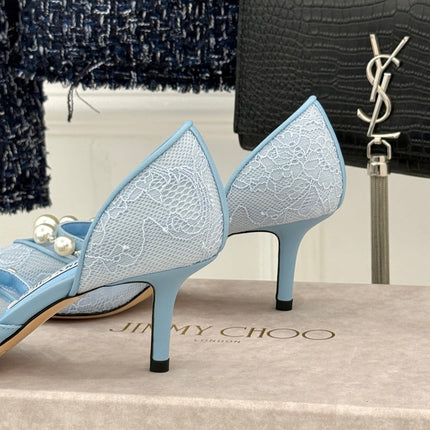 JIMMY CHOO 26S HIGH HEELS 65 MM IN SKY BLUE LACE PEARL-EMBELLISHED