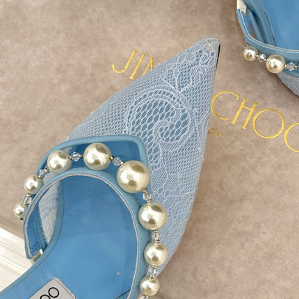 JIMMY CHOO 26S HIGH HEELS 85 MM IN SKY BLUE LACE PEARL-EMBELLISHED