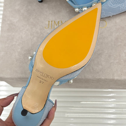 JIMMY CHOO 26S HIGH HEELS 85 MM IN SKY BLUE LACE PEARL-EMBELLISHED