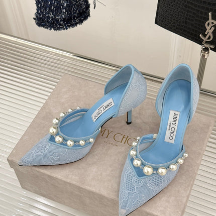 JIMMY CHOO 26S HIGH HEELS 85 MM IN SKY BLUE LACE PEARL-EMBELLISHED