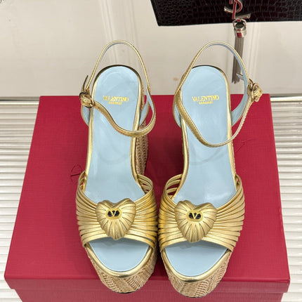 VALENTINO 26S ESPADRILLE WEDGE SANDALS 120 MM IN GOLD CALFSKIN