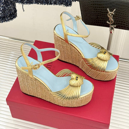 VALENTINO 26S ESPADRILLE WEDGE SANDALS 120 MM IN GOLD CALFSKIN