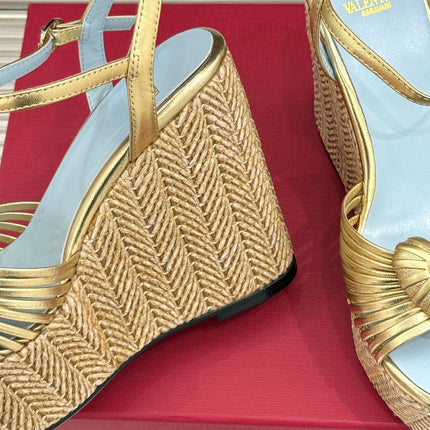 VALENTINO 26S ESPADRILLE WEDGE SANDALS 120 MM IN GOLD CALFSKIN