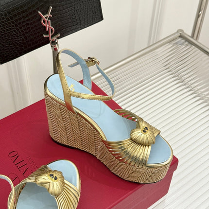 VALENTINO 26S ESPADRILLE WEDGE SANDALS 120 MM IN GOLD CALFSKIN