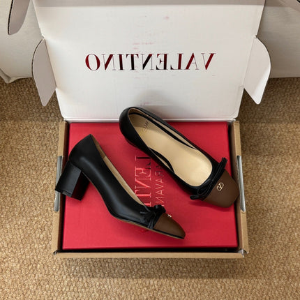 VALENTINO 26S HEELED BALLET FLATS IN BROWN AND BLACK CALFSKIN
