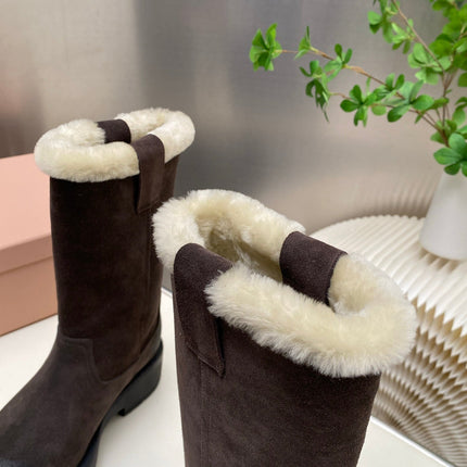 MIUMIU 26S MID CALF BOOT IN DARK BROWN  SUEDE AND SHEARLING