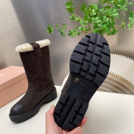 MIUMIU 26S MID CALF BOOT IN DARK BROWN  SUEDE AND SHEARLING