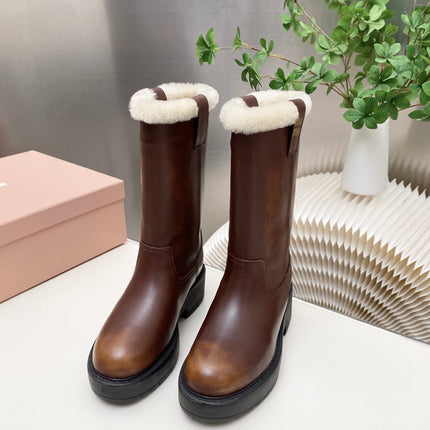 MIUMIU 26S MID CALF BOOT IN DARK BROWN CALFSKIN