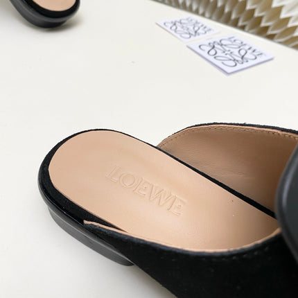 LOEWE 26S FLAT MULES IN BLACK CALFSKIN AND SUEDE