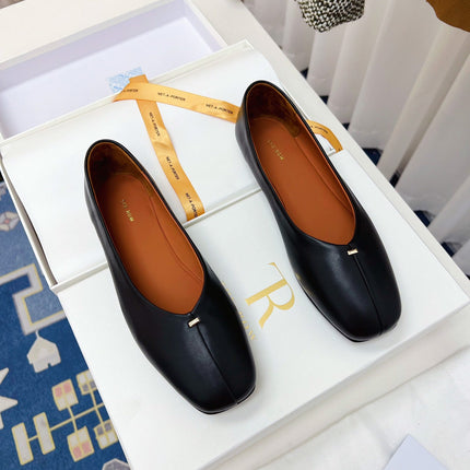 THE ROW 26S SQUARE TOE BALLET FLATS IN BLACK CALFSKIN