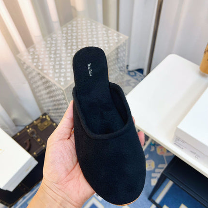 THE ROW 26S ROUND TOE MULES IN NAVY BLUE SUEDE