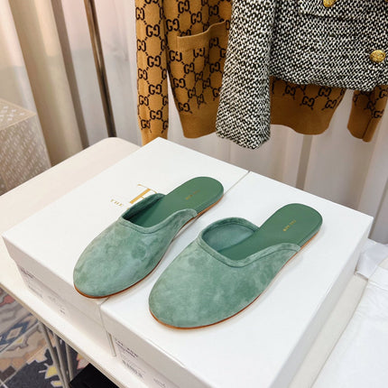 THE ROW 26S ROUND TOE MULES IN SAGE GREEN SUEDE
