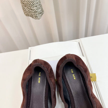 THE ROW 26S BALLET FLATS IN DARK BROWN SUEDE ELASTIC TRIM WITH BOW