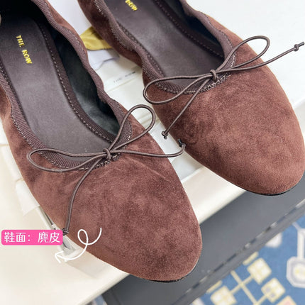 THE ROW 26S BALLET FLATS IN DARK BROWN SUEDE ELASTIC TRIM WITH BOW