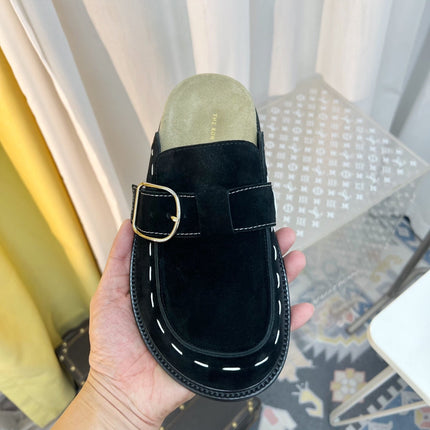 THE ROW 26S BUCKLED MULE CLOGS IN BLACK SUEDE