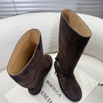 BOTTEGA VENETA 26S TALL BOOTS IN DARK BROWN SUEDE WITH ROPE DETAIL