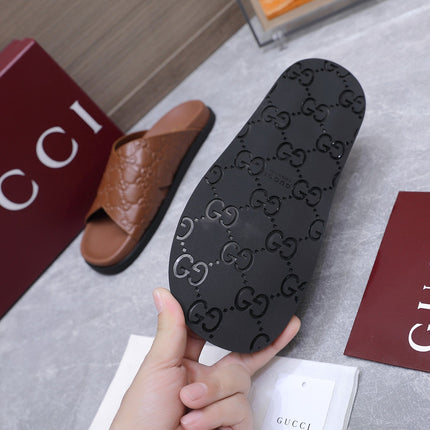 GUCCI 26S CROSSOVER SANDALS IN CARAMEL BROWN GG EMBOSSED CALFSKIN